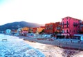 Beautiful view of the sea and the town of Alassio with colorful buildings, Liguria, Italia