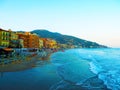 Beautiful view of the sea and the town of Alassio with colorful buildings, Liguria, Italia