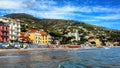 Beautiful view of the sea and the town of Alassio with colorful buildings, Liguria, Italian Riviera, region San Remo, Cote d`Azur