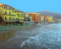 Beautiful view of sea and town of Alassio with colorful buildings, Liguria, Italian Riviera, region San Remo, Cote d`Azur, Italy Royalty Free Stock Photo