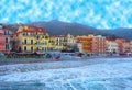 Beautiful view of sea and the town of Alassio with colorful buildings, Liguria, Italian Riviera,region San Remo,Cote d`Azur,Italy Royalty Free Stock Photo