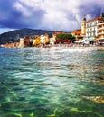 Beautiful view of the sea and the town of Alassio with colorful buildings, Liguria, Italian Riviera, region San Remo, Cote d`Azur Royalty Free Stock Photo