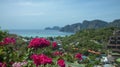 Beautiful view of the sea, tropical plants and rocks and mountains. Exotic pink flowers. Royalty Free Stock Photo