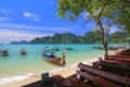 Beautiful view,seascape,boat on mountain background,South Thailand Sea in Krabi province,Andaman,Thailand Royalty Free Stock Photo