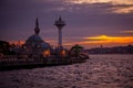 Beautiful view of Semsi Pasa Mosque and Uskudar lighthouse during sunset in Istanbul