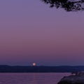 A beautiful view of the setting moon and the island at dawn on the coast of the Adriatic Sea in Croatia. Concept summer vacation Royalty Free Stock Photo