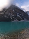 Beautiful view of the shore of popular Lake Louise in Banff National Park, Canada in autumn season.