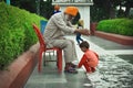 A beautiful view of a Sikh devotee in gurudwara shri guru ka taal in Agra, India Royalty Free Stock Photo