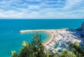 Beautiful view of the Sirolo in italy. Aerial view of the famous beach of Sirolo in a sunny day in summertime with scattered