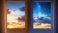 Beautiful view of sky through windows in day and night, collage Royalty Free Stock Photo