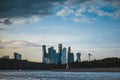 Beautiful view of the skyscrapers of the business center of Moscow city and the Moscow river at sunset. Business center in Russia Royalty Free Stock Photo