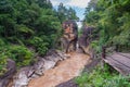 Beautiful view from small iron bridge over Op Luang Canyon and fast-flowing river in Op Luang National Park, Chiang Mai, Thailand