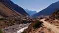 Beautiful view of small sherpa village Hilajung located in a valley near Thame, Khumbu Region, Himalayas, Nepal. Royalty Free Stock Photo