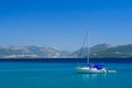 Beautiful view of a small yacht on the Mediterranean sea in Greece