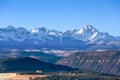 Beautiful view of snow covered Sneffels Range in a bright daylight blue sky in the morning light near Ridgway, Colorado, USA. Royalty Free Stock Photo