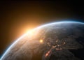 Beautiful view from space of the Sun rising over Planet Earth. 3d render Royalty Free Stock Photo