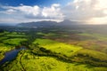 Beautiful view of spectacular jungles, field and meadows of Kauai island near Lihue town