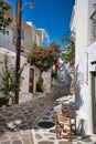 Beautiful view of a splendid and wonderful Greek patio with white buildings in summer on daytime