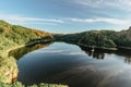 Beautiful view of spring summer landscape with water reflection.Peaceful atmosphere in sunny day.Countryside view of lake and Royalty Free Stock Photo