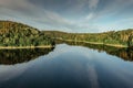 Beautiful view of spring summer landscape with water reflection.Peaceful atmosphere in sunny day.View of lake and cliffs.Fantasy Royalty Free Stock Photo