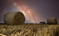 Galaxy sky over hay field in the Kempen area, Belgium Royalty Free Stock Photo