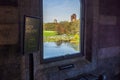 Beautiful view from the stone window of Belvedere Castle onto Central Park in New York City. Royalty Free Stock Photo