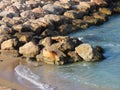 Beautiful view of the stones and the Mediterranean Sea in winter in Haifa in Israel.