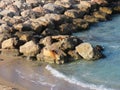 Beautiful view of the stones and the Mediterranean Sea in winter in Haifa in Israel.