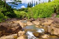 Beautiful view of a stream flowing between rocks, located along famous Road to Hana on Maui island, Hawaii Royalty Free Stock Photo