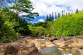 Beautiful view of a stream flowing between rocks, located along famous Road to Hana on Maui island, Hawaii Royalty Free Stock Photo