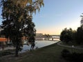 View of sunset  on the river and bridge in summer  Oulu, Finland Royalty Free Stock Photo