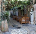 Beautiful view of a street cafe in the old city of Acre in Israel