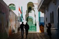 Beautiful view of street with typical arabic architecture in Asilah. Location: Asilah, North Morocco, Africa. Artistic picture. Royalty Free Stock Photo