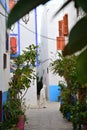 Beautiful view of street with typical arabic architecture in Asilah. Location: Asilah, North Morocco, Africa. Artistic picture. Royalty Free Stock Photo