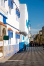 Beautiful view of street with typical arabic architecture in Asilah. Location: Asilah, North Morocco, Africa. Artistic picture. Royalty Free Stock Photo