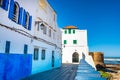 Beautiful view of street with typical arabic architecture. Location: Asilah, North Morocco, Africa. Artistic picture. Beauty world