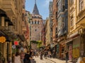 Beautiful view of the street with the view of the Galata tower in old Istanbul, Turkey. Royalty Free Stock Photo