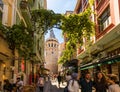 Beautiful view of the street with the view of the Galata tower in old Istanbul, Turkey. Royalty Free Stock Photo