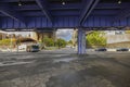 Beautiful view of streets of Manhattan with vehicles from under Brooklyn Bridge. New York. Royalty Free Stock Photo