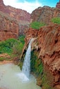 Beautiful view of a stunning Havasu Falls in Supai with foamy waters flowing into the river