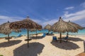 Beautiful view of sun beds and umbrellas on sandy beach Atlantic ocean of hotel.