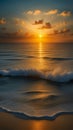 A beautiful view of the sun setting over the calm blue water of the ocean, creating a golden glow in the sky