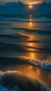 A beautiful view of the sun setting over the calm blue water of the ocean, creating a golden glow in the sky