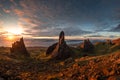 Beautiful view sunrise light rock stones Old Man of Storr Scolatand Skye Island landmark Royalty Free Stock Photo