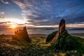 Beautiful view sunrise light rock stones Old Man of Storr Scolatand Skye Island landmark Royalty Free Stock Photo