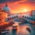 Beautiful view in sunset colors of Venice, Italy, grand canal, Rialto Bridge, boats, sea, buildings, travel destination Royalty Free Stock Photo