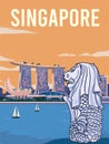 Beautiful view sunset , Merlion and Singapore city skyline ilustration best for travel poster Royalty Free Stock Photo