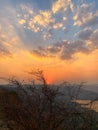 Beautiful view of the sunset and mountains from Sajjangad, satara, Maharashtra, India. Royalty Free Stock Photo