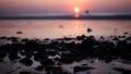 Beautiful view sunset over sea, ocean waves crashing on a stones beach Royalty Free Stock Photo