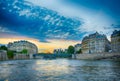 Beautiful View at sunset on Seine river iin Paris. Royalty Free Stock Photo